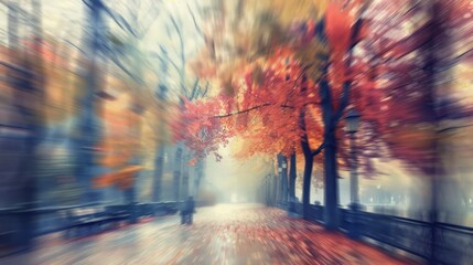 Autumn pathway with vibrant falling leaves in park.