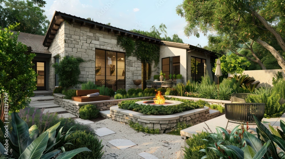 Wall mural charming suburban retreat with a fa? section ade of stone and stucco, featuring a sunken garden with fire pit and seating area surrounded by lush plantings