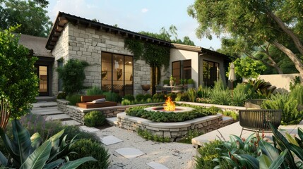 Fototapeta premium charming suburban retreat with a fa? section ade of stone and stucco, featuring a sunken garden with fire pit and seating area surrounded by lush plantings