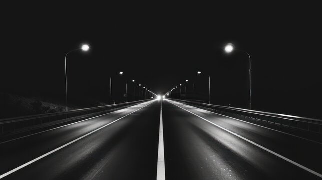 Symmetrical night highway with bright street lights view - Powered by Adobe