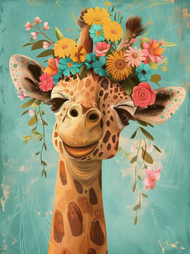Adorable illustration of a smiling giraf wearing a floral crown, surrounded by flowers and leaves on a teal background.