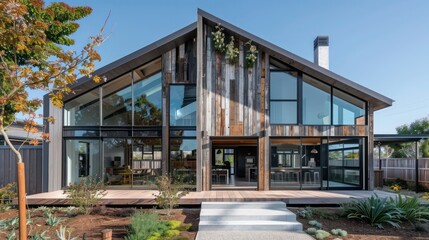 Obraz premium contemporary farmhouse with a focus on sustainability, featuring reclaimed wood and energy-efficient windows, set in a leafy suburb