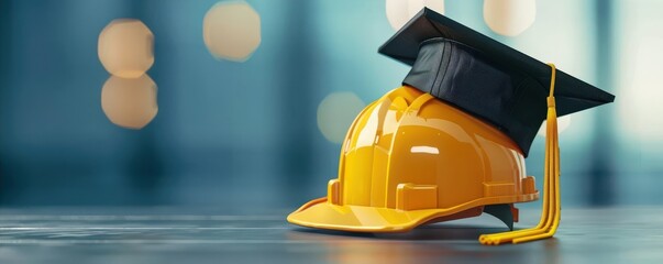 Symbolic contrast: black graduate cap and yellow construction helmet, representing achievement and career in engineering