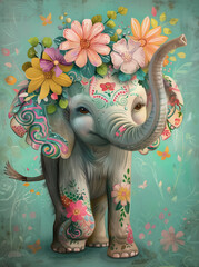 Obraz premium Adorable illustration of a smiling Elephant wearing a floral crown, surrounded by flowers and leaves on a teal background.