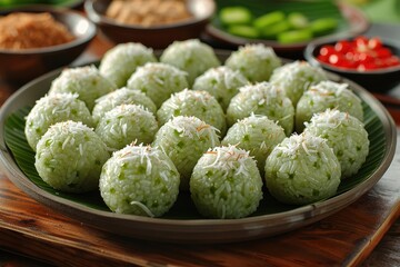 Obraz premium Indonesia Klepon Small, green glutinous rice balls filled with palm sugar, coated in grated coconut, arranged on a banana leaf