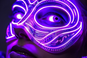 Neonlit mask with intricate designs on a persons face highlighting vibrant colors mystery and futuristic aesthetics