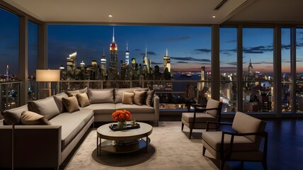 Luxury lounge in apartement with a large window, skyline night view