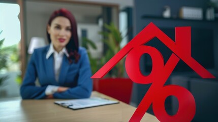 Businesswoman with Red Percentage Symbol in Office. Generative ai.