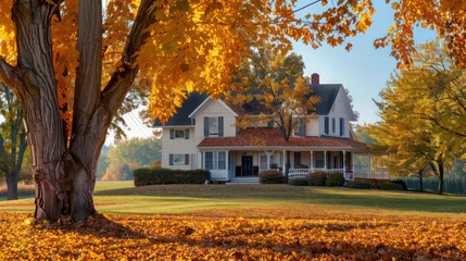 Fleecedeken met foto crisp autumn scene at a suburban farmhouse, with the house framed by trees shedding golden leaves © Salman