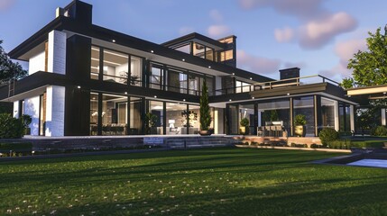 Obraz premium luxurious modern farmhouse in a suburban setting, with an expansive front lawn and a sophisticated black and white exterior