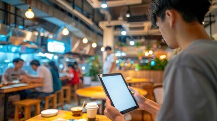 Man Using Tablet in Modern Restaurant. Generative ai.
