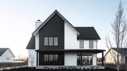 minimalist modern farmhouse with a strikingly simple black and white design, set against the backdrop of a suburban neighborhood