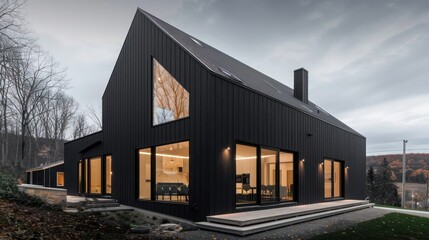 Fototapeta premium minimalist modern farmhouse in a suburban landscape, featuring an all-black exterior with large, geometric windows