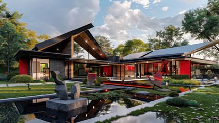 Obraz premium modern suburban cottage with an asymmetrical roof and vibrant red accents, featuring a landscaped yard with contemporary sculptures and a reflecting pool