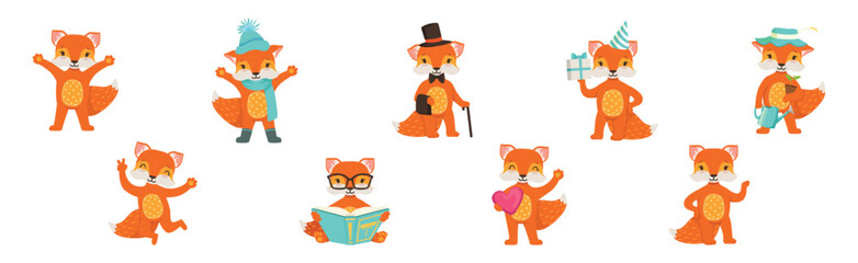 Cute Red Fox Character Engaged in Different Activity Vector Set