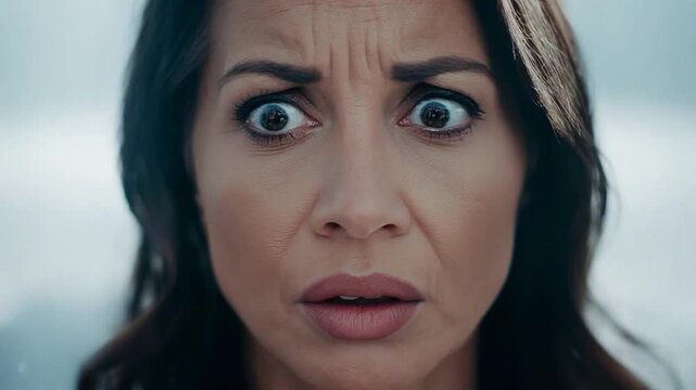 A portrait in close up of a woman looking stunned.