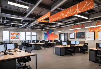 a collaborative office workspace with desktop computers monitors laptops,  marketing plans and business charts on the walls