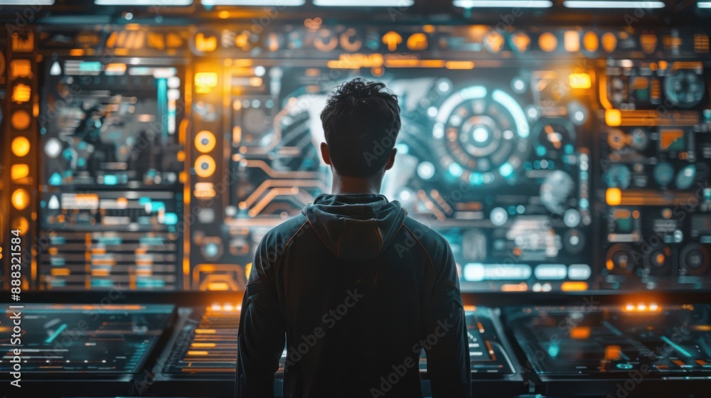 Poster a man in a dark hoodie stands before a large, futuristic digital interface displaying complex data