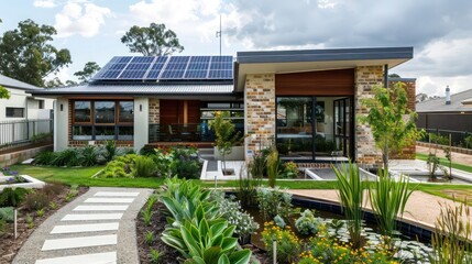 Obraz premium modern suburban cottage with an eco-friendly design, featuring solar panels, a green roof, and a rain garden with native plants