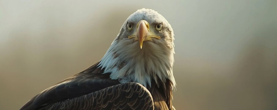 American bald eagle looking at the camera isolated on blurred background with copy space, concept of patriot, US American spirit, justice and freedom.