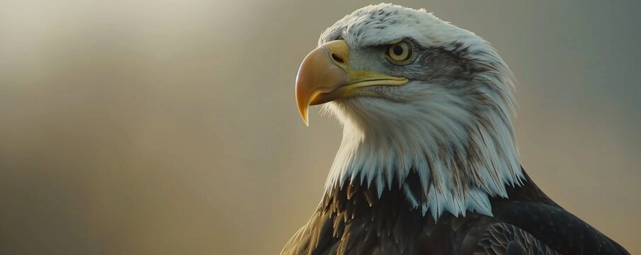 American bald eagle looking at the camera isolated on blurred background with copy space, concept of patriot, US American spirit, justice and freedom.