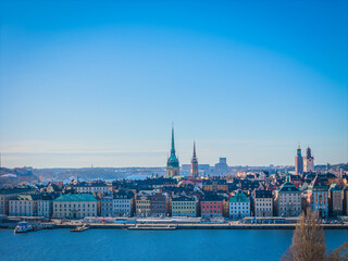 Fototapeta premium Stockholm old town - Gamla stan. Aerial view of Sweden capital. Drone top panorama photo