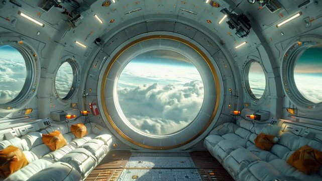 An interior view of a spacecraft, featuring large windows offering panoramic views of Earths clouds during a space tourism flight.