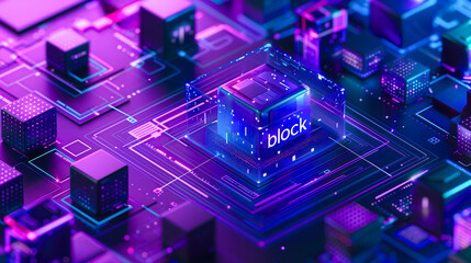 Blue cube formed by binary code in a blue purple virtual microchip reality coding and sending information. Blockchain security, mining and digital transactions. Cryptocurrency. NFT non-fungible tokens