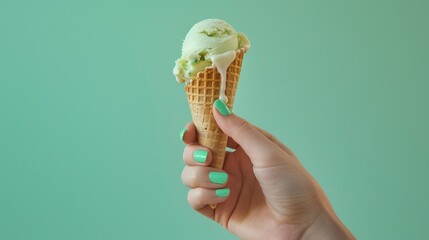 Woman hand with cute green manicure holding a delicious mint matcha green tea ice cream cone isolated on fresh summer green background.