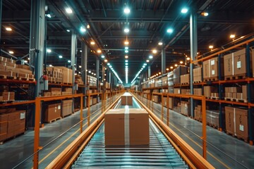 A single box moves along a conveyor belt in a warehouse with large shelves stocked with many boxes
