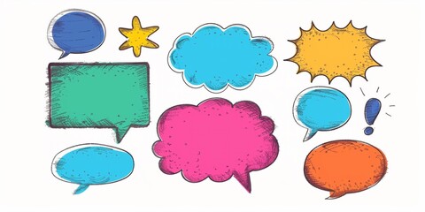 Set of colorful assorted speech bubbles isolated on white, cartoon doodle anime comic styles speech labels set.