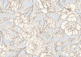 Rose flowers, Seamless pattern, background. Vector illustration. Outline hand drawing.