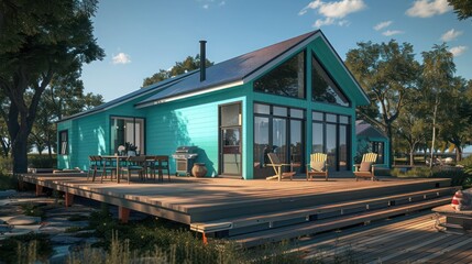 modern suburban farmhouse with a bright, turquoise exterior and a large, wrap-around deck, perfect for summer barbecues