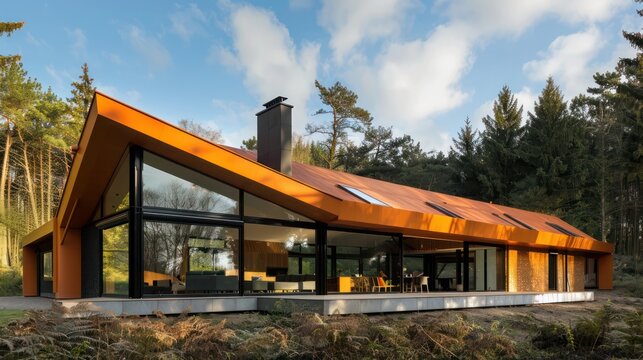 modern suburban farmhouse with a distinctive orange roof and large, angular windows that provide views of the surrounding forest