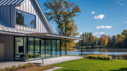 Fototapeta premium modern suburban farmhouse with a sleek, silver exterior and a large, glass-enclosed porch that overlooks a serene lake