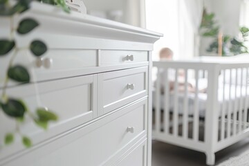 Modern white dresser closeup with blurred baby crib background in bright nursery Modern nursery interior concept