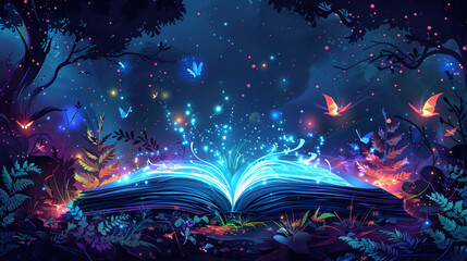 Enchanted Storybook Adventure with Glowing Symbols - Fantasy Cartoon Vector Illustration with Copy Space