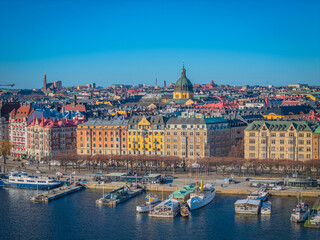 Fototapeta premium Stockholm old town - Ostermalm, next to Gamla stan. Aerial view of Sweden capital. Drone top panorama photo