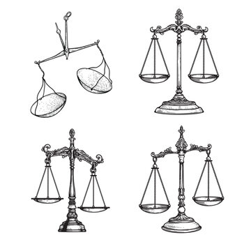Vintage balance scales set. Sketch hand drawn engraving retro style. Weighing, libra, justice symbols collection. Vector illustrations isolated on white.