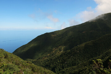 Naklejka premium View of the hiking trail starting in Serra do Topo - Caldeira Santo Cristo - Fajã dos Cubres in São Jorge island, Azores, Portugal.