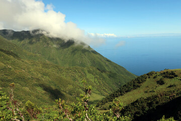 View of the hiking trail starting in Serra do Topo - Caldeira Santo Cristo - Faj&atilde; dos Cubres in S&atilde;o Jorge island, Azores, Portugal.