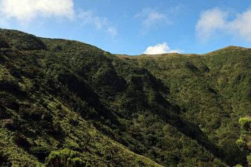 View of the hiking trail starting in Serra do Topo - Caldeira Santo Cristo - Fajã dos Cubres in São Jorge island, Azores, Portugal.