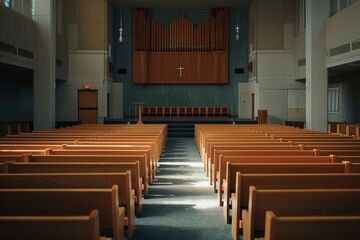 Church Chair Interior: Empty Modern Sanctuary with Worship Hall and Auditorium Design