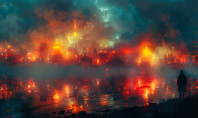 Fototapeta premium Futuristic Cityscape Glowing with Neon Lights at Night with Silhouetted Figure, Featuring Reflective Water, Modern Skyscrapers, Misty Atmosphere, and Cyberpunk Aesthetic Setting