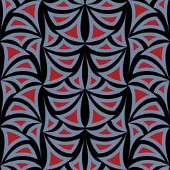 Gothic geometric seamless pattern. Red and gray elements on black background. Fantasy figures in medieval colors. Medieval design for decor clothes, home, etc.