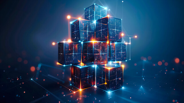 Orange binary code holograms of stacks blue cubes. Peer-to-peer P2P. Blockchain security, encryption, mining and digital data transactions. Cryptocurrency. NFT non-fungible tokens