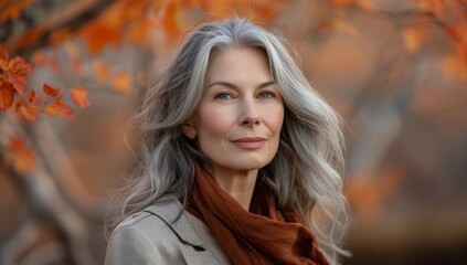 Fototapeta premium A portrait of an elegant woman in her fifties, with gray hair and warm autumn colors, standing outdoors against the backdrop of fall foliage