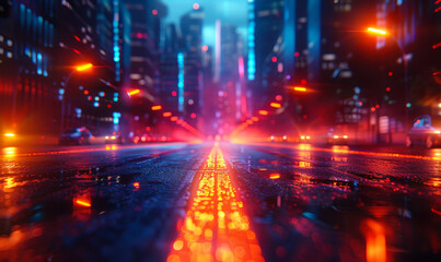 Futuristic City Street at Night with Vibrant Technicolor Lights and Wet Pavement, Showcasing Neon Reflections and a High-Tech Urban Environment