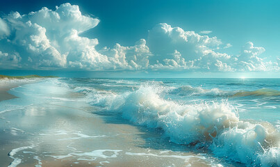 Fototapeta premium Dramatic Ocean Waves Crashing on Tranquil Sandy Shore at Sunrise with Majestic Clouds in Blue Sky