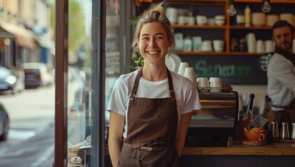 Obraz premium Smiling woman shop .owner wearing an apron stands in front of the entrance to her coffee shop. Small Business Owner In Workshop Assembling Hand Built Sustainable business, Small business concept